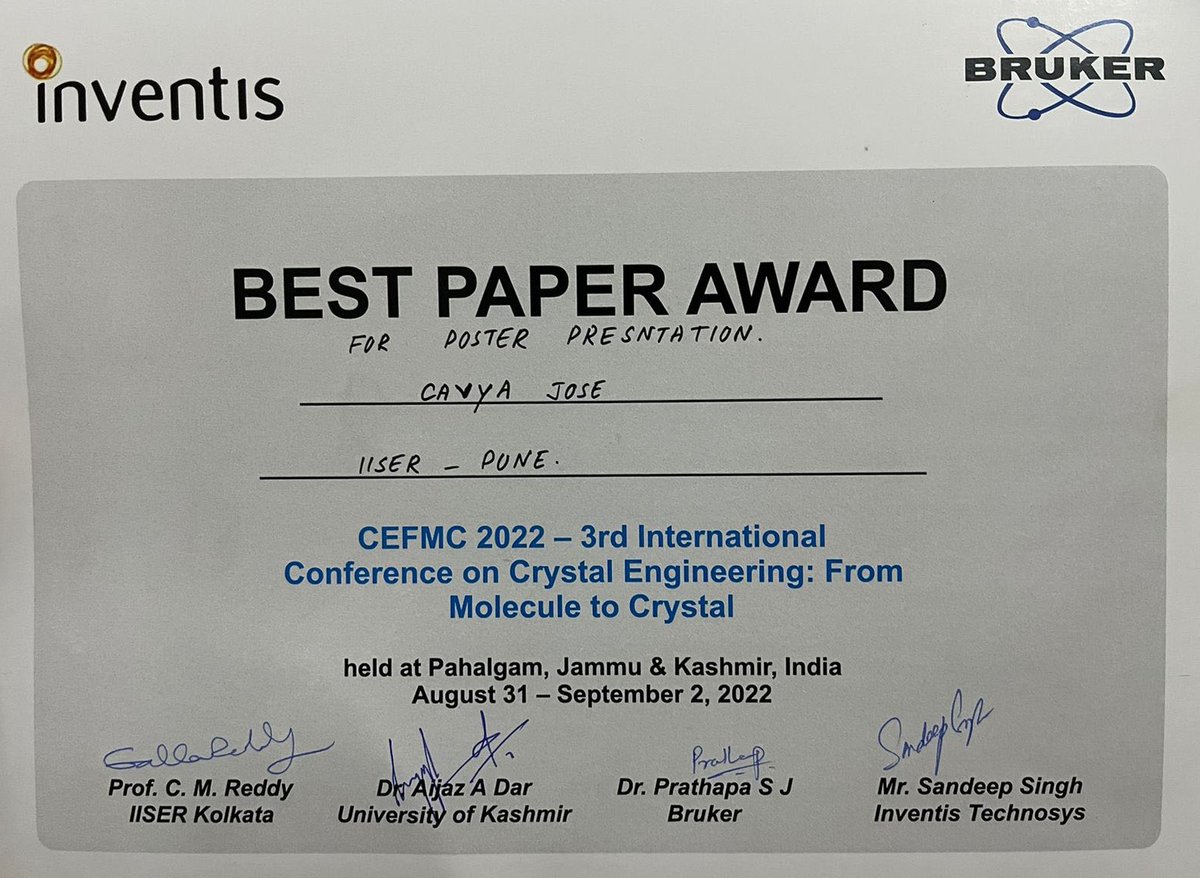 Congratulations to our group member Cavya Jose for obtaining the Best Paper Award at the <a href="/3rdcefmckashmir/">3rd CEFMC PAHALGAM(2022)</a> Conference