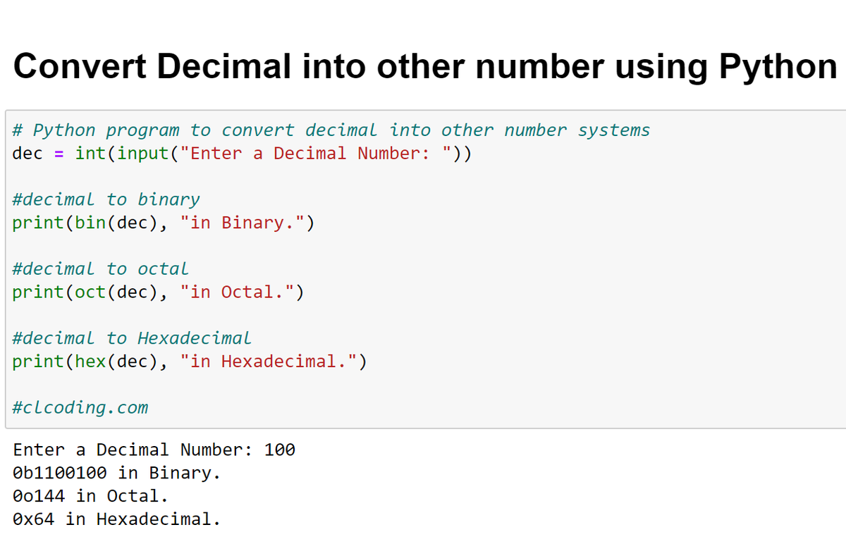 clcoding's tweet photo. Convert Decimal number into other number using Python https://t.co/HUYf7gSyY5 https://t.co/l791rjUmX7