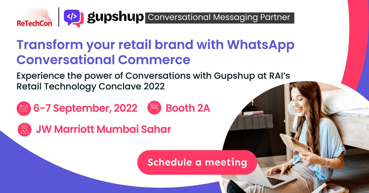 gupshup's tweet image. #Gupshup is the official #messaging partner at the #ReTechCon event happening on 6th -7th September 2022. Meet us at booth 2A and know more about how to transform your business with #WhatsApp #conversational #commerce. bit.ly/3Q6bNd3