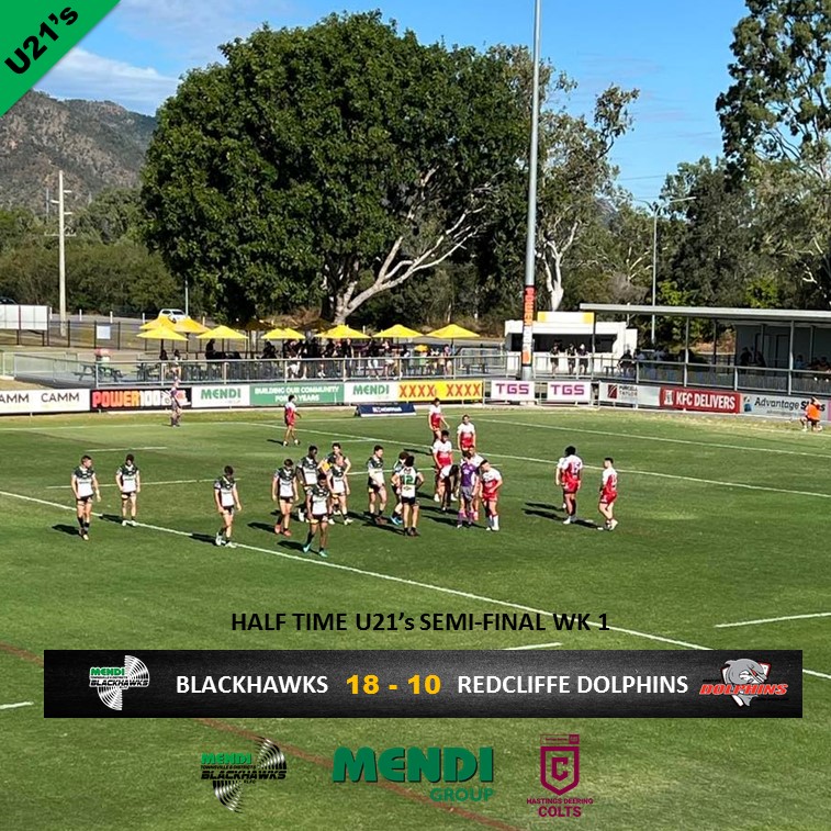 U21s Finals Week 1 HALF TIME:  The Mendi Blackhawks U21s head to the break leading the Dolphins 18-10
#tsvblackhawks #hastingsdeeringcolts