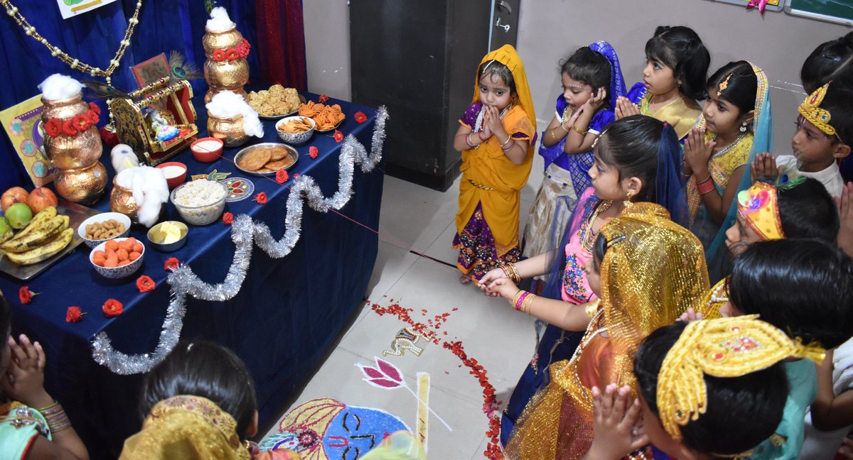 bgspublic's tweet photo. Krishna Janmashtami was celebrated with great pomp and festivity by the tiny tots of pre-primary section at BGS Public School on 18th August 2022. It was a visual treat to watch the tiny tots dressed as Radhas and Krishnas. They recited shlokas and danced twirling to the tunes. https://t.co/dV95rHIoZd