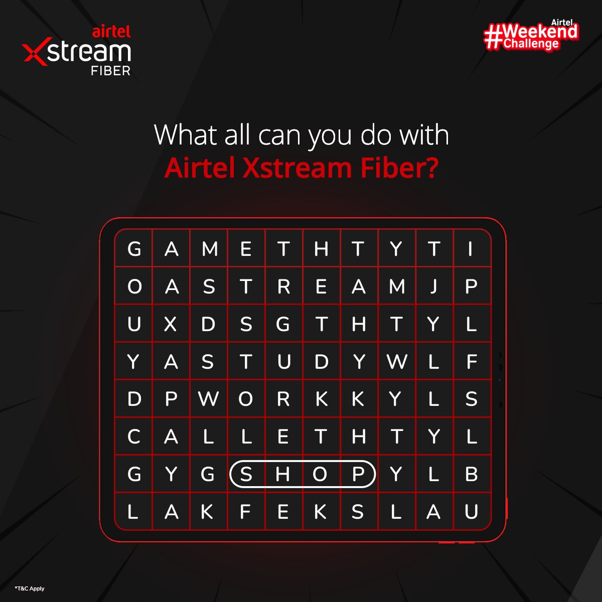 From entertainment to competition mode, Airtel Xstream Fiber is here for it all. Find each of these seven hidden words in the scramble for a chance to win gift vouchers from Amazon! T&amp;C apply. Click the link bit.ly/3rRFB4H to know more.