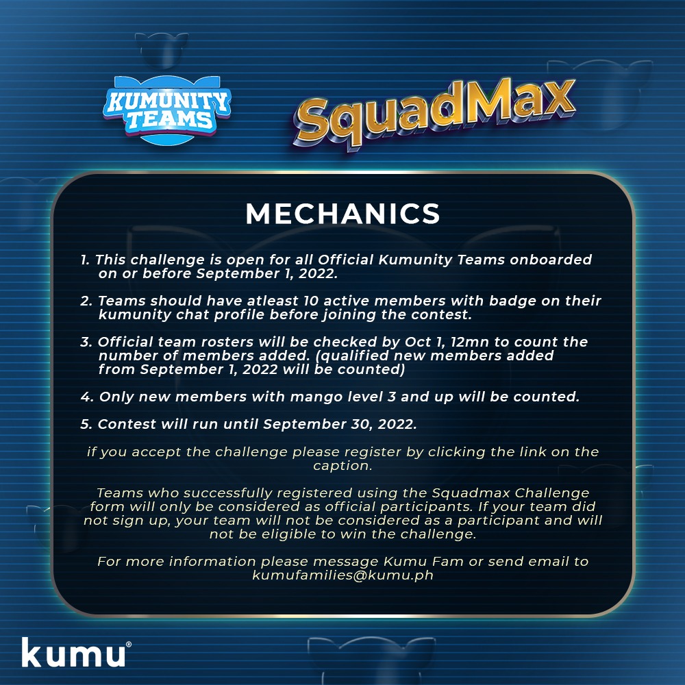 Hello Kumunity Teams 👋🏼

Totoo ba? Kapag nag recruit ka ng members, may katumbas na coin prizes? MEGAnon?

Confirmed! Dahil dito sa SquadMax Challenge, to the max ang naghihintay sa inyong pa-premyo!

Mag register dito: forms.gle/sqpHamKCrovxHf…

See poster for details!😉