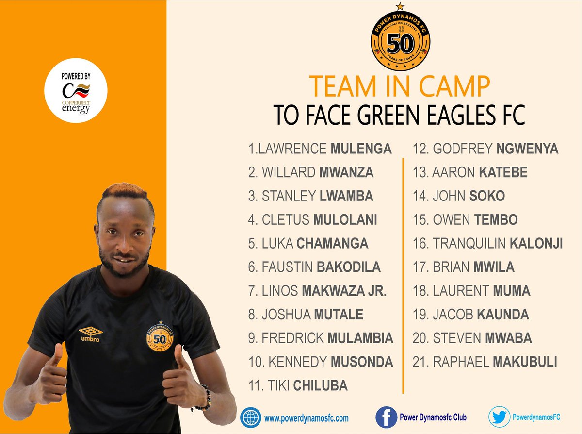 Power Dynamos FC team in camp to face Green Eagles FC

GEFC 🆚️ PDFC
⚽️ Week 3️⃣ fixture
🏆 MTN Super league
🌎Saturday 0️⃣3️⃣.0️⃣9️⃣ .2️⃣2️⃣
⏲ 1️⃣5️⃣:0️⃣0️⃣ Hours

📍💪 Visit our website -  powerdynamosfc.com for all team info, news and updates.

#Power #Pride #Prestige
POWER@5️⃣0️⃣