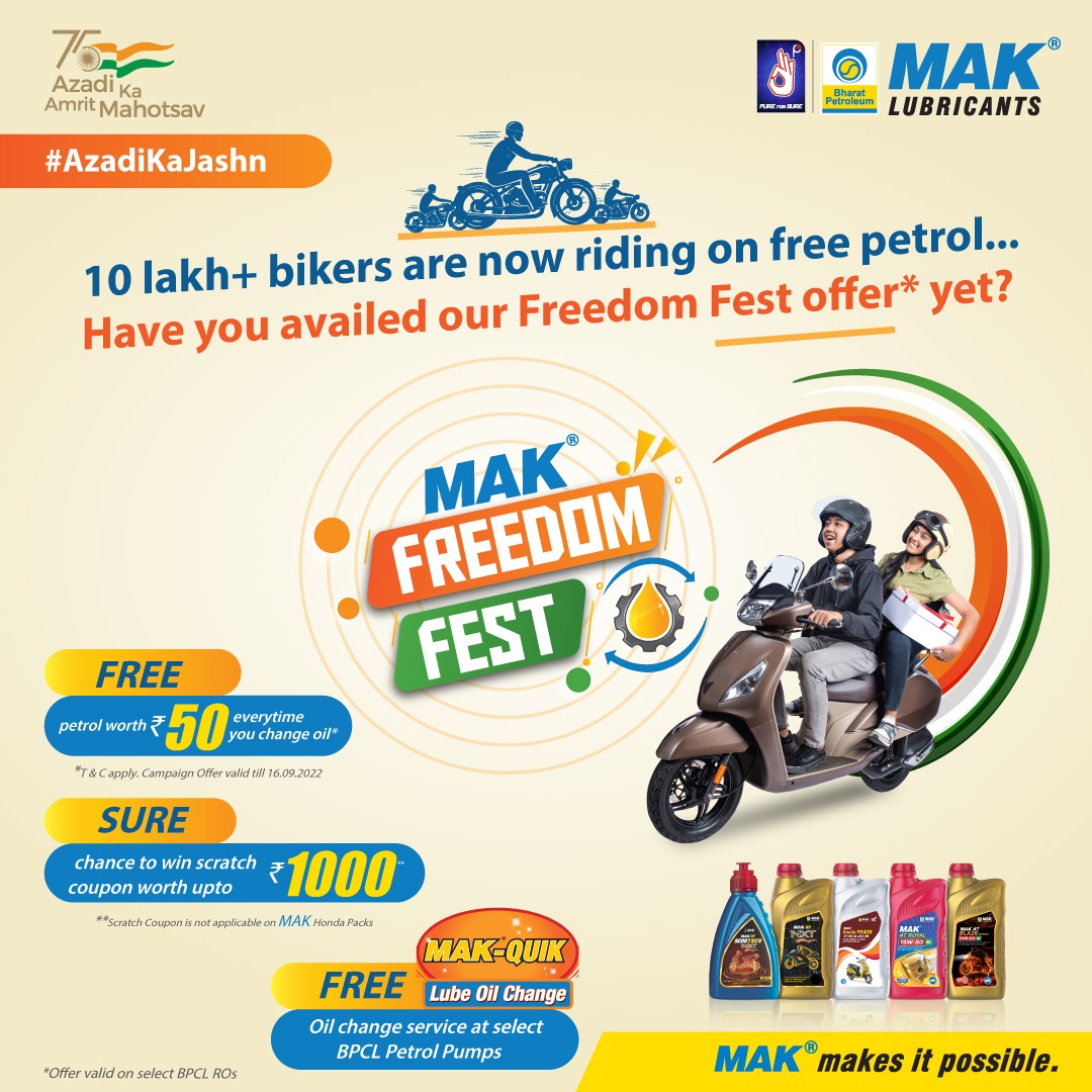MAKfreedomFest is live at petrol pumps near you. So oil change is on your  mind,please visit the nearest #BPCL Retail outlet and get free #petrol too.  Limited period offer, so visit today!
