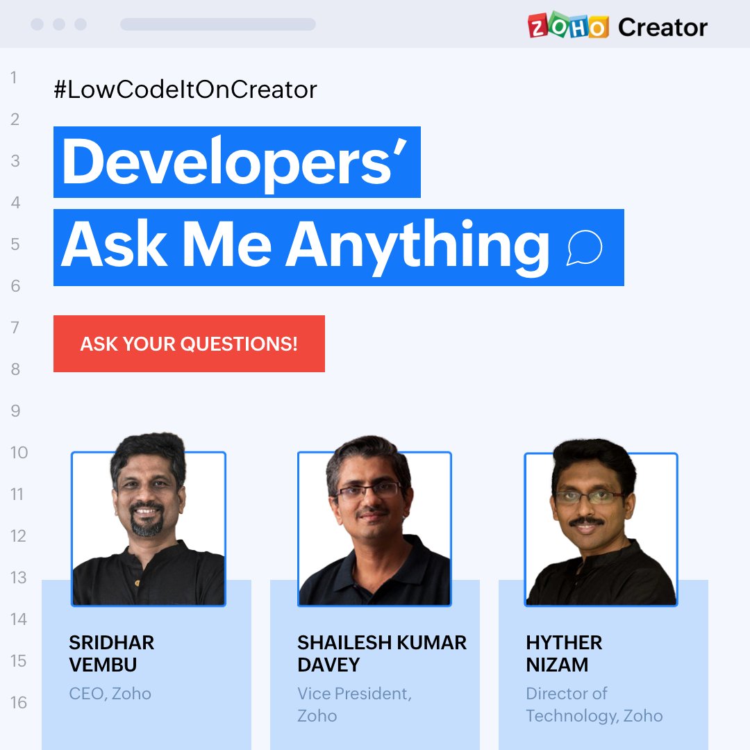 Learn from our technology experts about the tools and tech stack Zoho used to build its 50+ product suite in our Ask Me Anything session. This is your chance to get the answers you need to succeed. Ask your questions using this link 👉 zcu.io/oS5f 
<a href="/svembu/">Sridhar Vembu</a> <a href="/hyther/">Hyther Nizam</a>