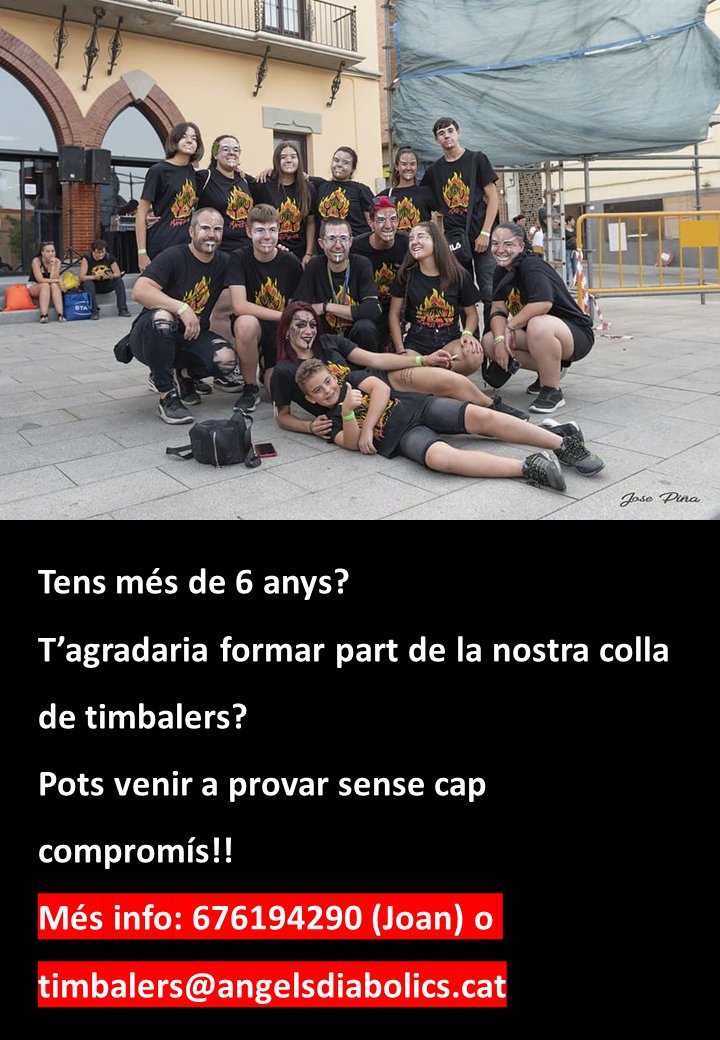 Torna a començar el curs i el timbalers de la colla també ho fem. A partir del dia 18/9 començarem els assajos.
Horaris: diumenges per la tarda 17h-19h 
Lloc: Nau C/Domènec 15 (a costat del magatzem de l'ajuntament/Barruana).
Grup d'infants (novetat): 6-10 anys!!
Adults:> 10anys