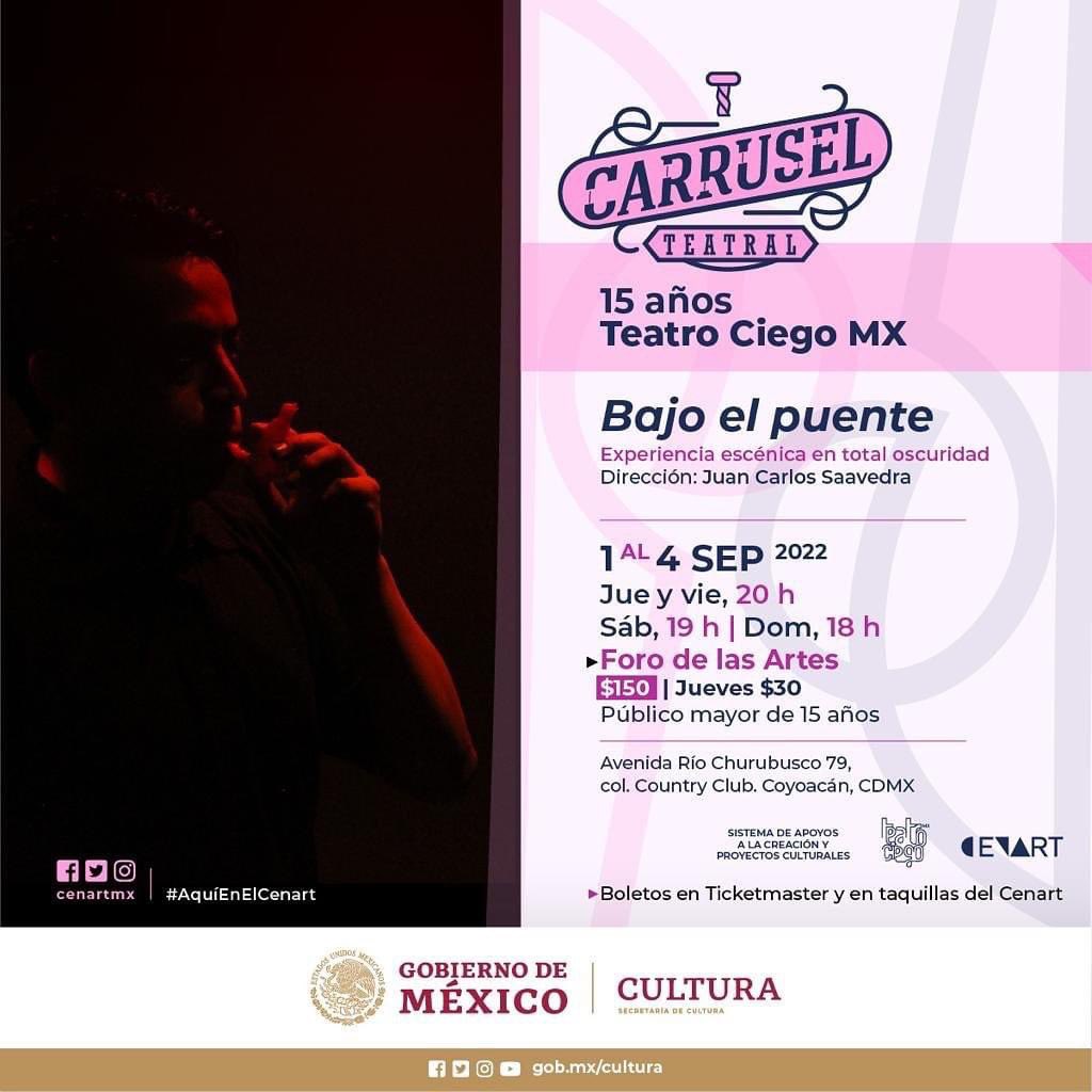 BAJO EL PUENTE, la obra que abre el #CarruselTeatral por los 15 años de <a href="/teatrociegomx/">Teatro Ciego MX</a> en <a href="/cenartmx/">Centro Nacional de las Artes</a>
¡Una obra en total obscuridad que no te puedes perder!
1 al 4 de septiembre
Jue y vier 20h, sáb 19h, dom 18h
🎟️ticketmaster.com.mx/search?q=Bajo+…
#SomosTeatroCiegoMX