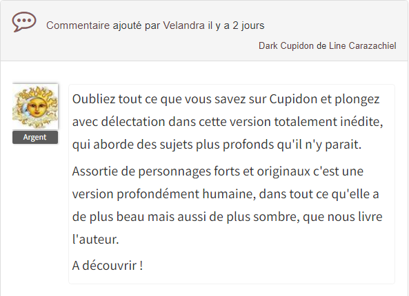 Carazachiel's tweet photo. Nouvel avis pour #DarkCupidon sur @Booknode 🥰!
#autoédition #booknode #kindle #auteurindépendant https://t.co/fks5lu8S2h