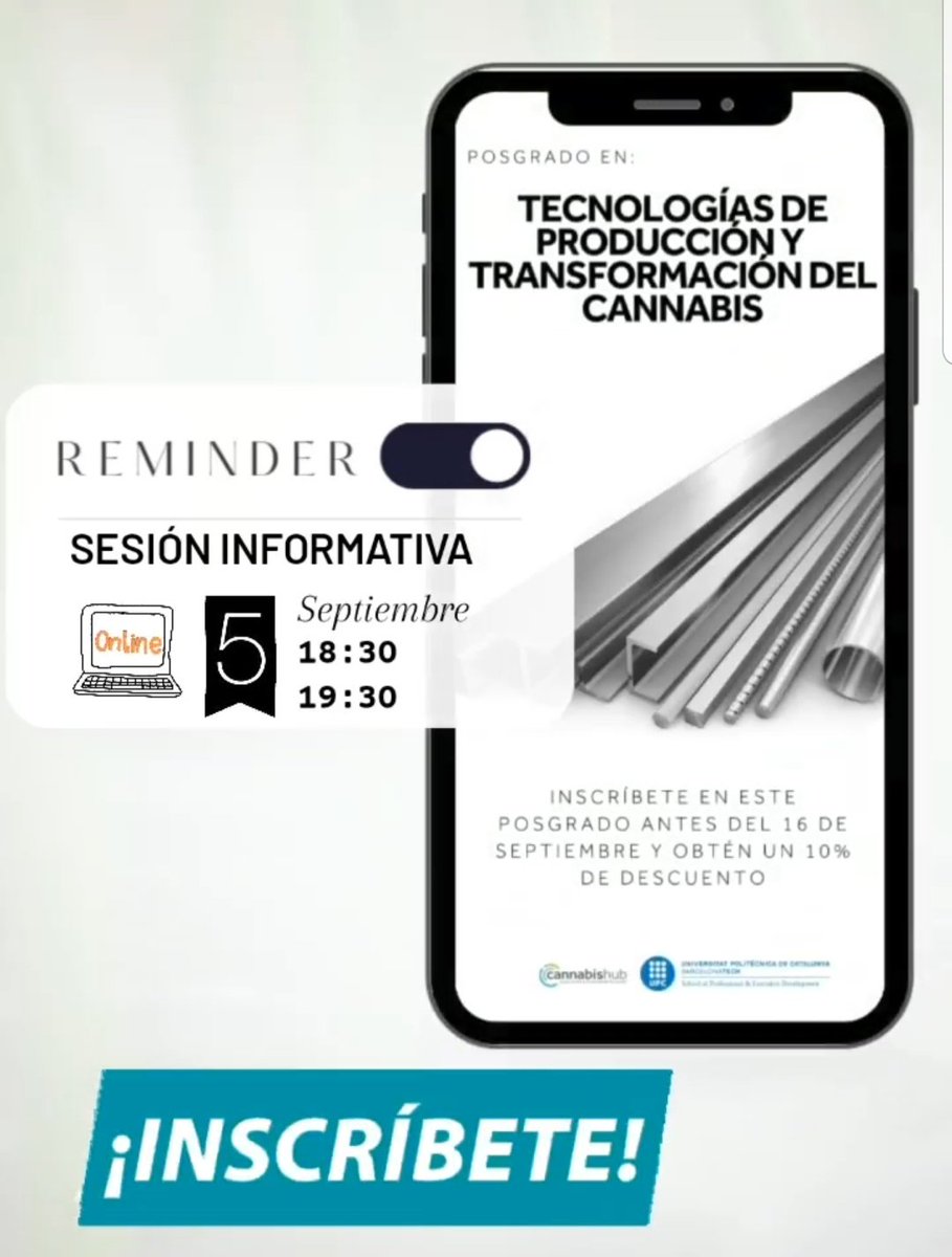 📌Save the date! 
5 de septiembre a las 18:30.
No te pierdas la sesión online informativa del nuevo posgrado en Tecnologias de producción y transformación del cannabis.
Inscríbete 👇👇
talent.upc.edu/esp/agenda/eve… pic.x.com/WRosX65q35