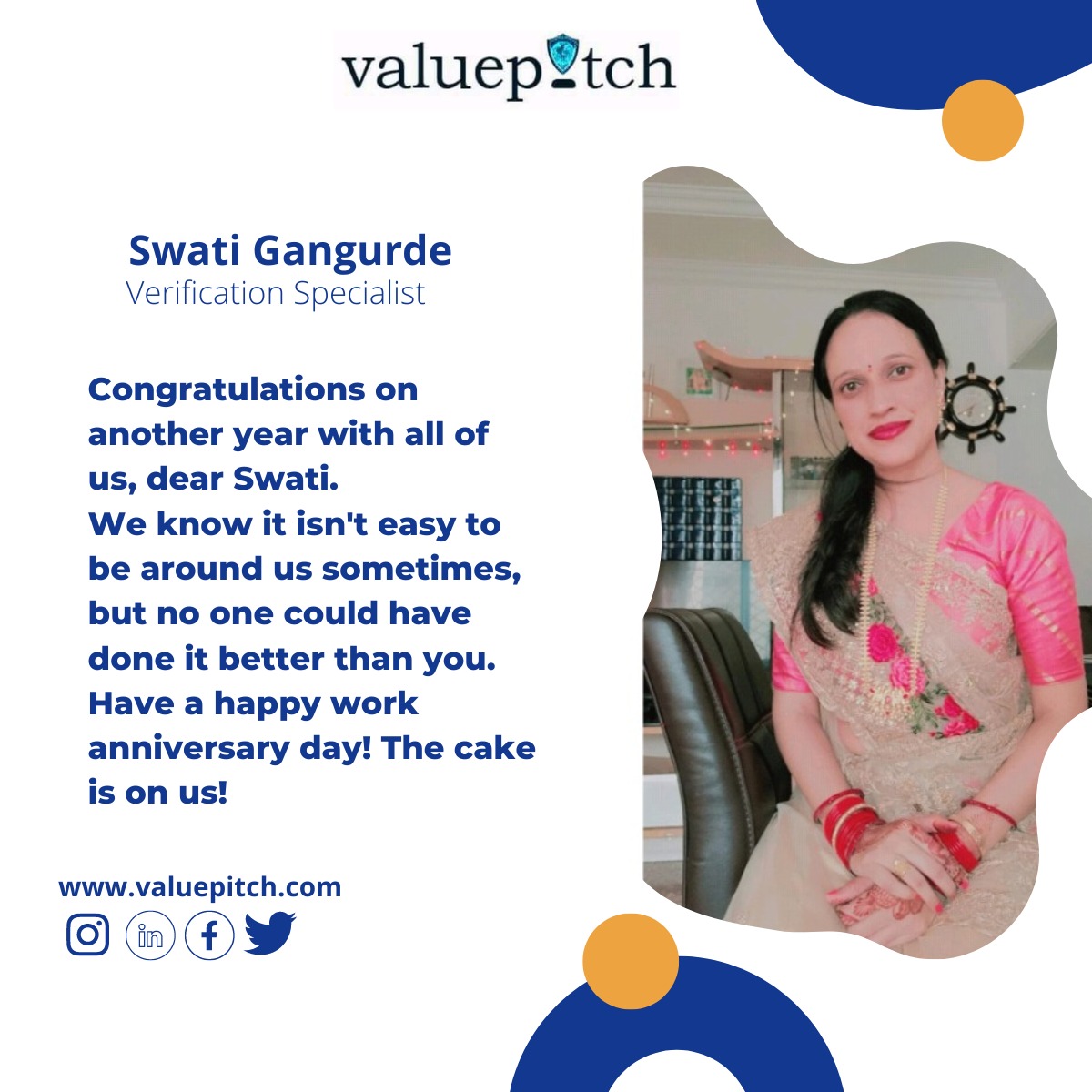 valuepitch's tweet photo. You have been a loyal, dedicated, and hard-working employee and you have become the most integral part of company. Thank you for being with us and helping us grow. Happy work anniversary swati.
#valuepitch #workanniversary #work #happyworkanniversary
#workanniversarycelebration. https://t.co/fkprSwIbv0