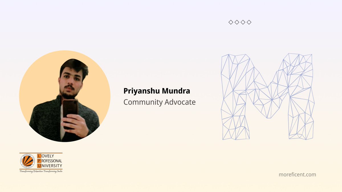 moreficent_comm's tweet photo. Welcoming our Community Advocate for @moreficent Community- Priyanshu Mundra.

Priyanshu Mundra, a mern stack developer is pursuing an undergraduate degree in the CSE department from Lovely Professional University.

Apply here- https://t.co/s4VjDiiwUx

#community #advocates #tech https://t.co/r7EXFwYah0