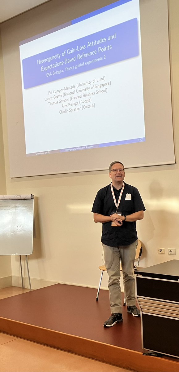 Yesterday we had an other cool session on theory-driven experiments at #esabologna: <a href="/SSuetens/">Sigrid Suetens</a> ➡️reputation and cooperation; Arno Riedl ➡️intertemporal social preferences; <a href="/LorenzGoette/">Lorenz Goette</a> ➡️expectation-based reference points