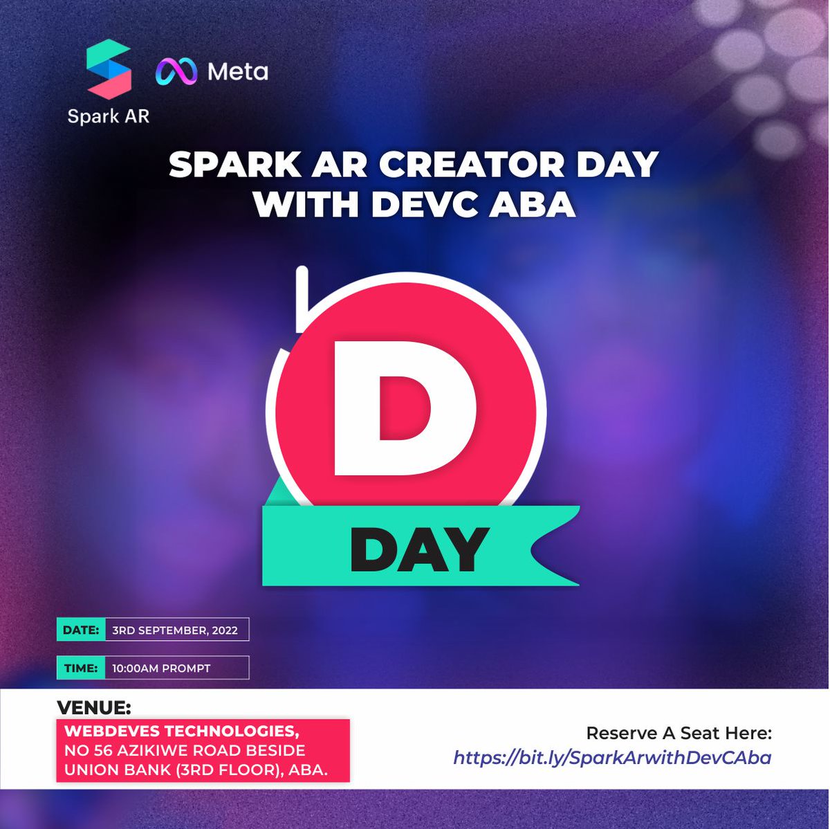 devcaba's tweet photo. It's Today!!

While some of us haven't recovered from yesterday's fun, the majority still feel pumped for the other activities today!
Join us today for the Spark AR Creator Day with DevC Aba

Venue: WebDevs Technology hub(3rd floor)
No 56 Azikiwe road Beside Union Bank, Aba.
10am https://t.co/ha1pd4akIZ