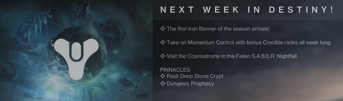 DestinyVeterans's tweet photo. N E X T  W E E K  I N  D E S T I N Y!
#destiny #destiny2 https://t.co/6MAwUYDOdU