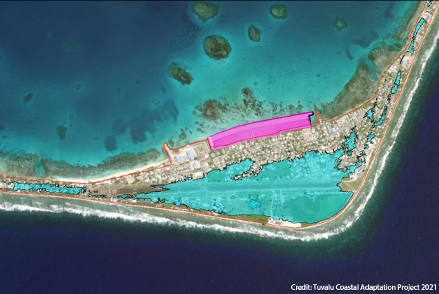 UNDPplanet's tweet photo. ⚠️How vulnerable is #Tuvalu to sea level rise? This image of Fogafale (generated using LIDAR data gathered by🛩️ ) shows the area potentially flooded during the highest sea levels to date 🟩 
+ the new, raised, safe land by the @UNDP-supported Tuvalu Coastal Adaptation Project 🟪 https://t.co/TMGpVwzMkQ