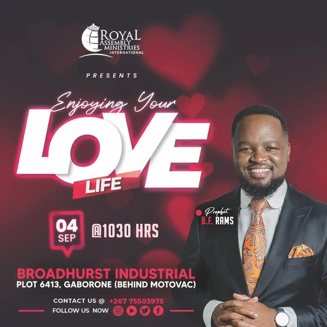 RoyalAssembly's tweet photo. 🚨SUNDAY CONNECT🚨
🔹INFLUENCERS SUMMIT
🔹Time: 0830hrs
🔺 Subject: PLAN TO FAIL.
🔸OPEN HEAVENS
🔸Time: 1030hrs
🔺 Teaching: ENJOYING YOUR LOVE LIFE.
📌 Broadhurst Industrial,Gaborone
⚠️Contact us at +267 75503975. We celebrate you!
#LoversWorld #YearOfElevation https://t.co/eWGAwJ9yVq
