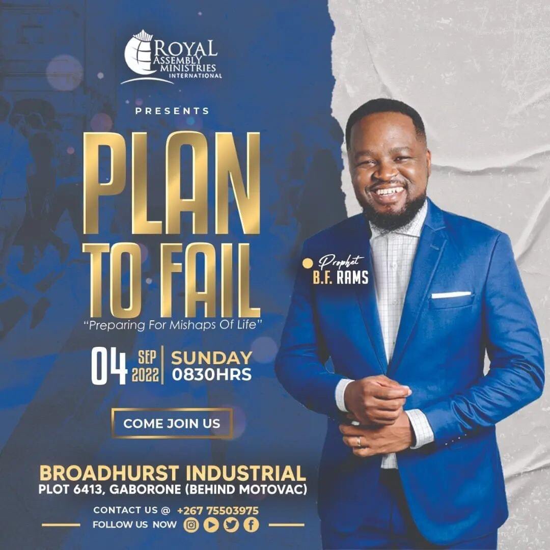 RoyalAssembly's tweet photo. 🚨SUNDAY CONNECT🚨
🔹INFLUENCERS SUMMIT
🔹Time: 0830hrs
🔺 Subject: PLAN TO FAIL.
🔸OPEN HEAVENS
🔸Time: 1030hrs
🔺 Teaching: ENJOYING YOUR LOVE LIFE.
📌 Broadhurst Industrial,Gaborone
⚠️Contact us at +267 75503975. We celebrate you!
#LoversWorld #YearOfElevation https://t.co/eWGAwJ9yVq