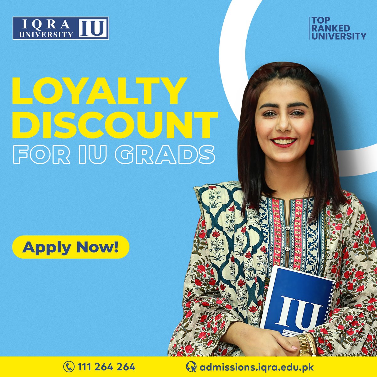 IqraUniOfficial's tweet photo. Opportunity for IU GRADS! Iqra University is here to help you with your tuition needs. We are offering a loyalty discount for our graduates.
Register now for more details: https://t.co/DIPvoBrScP
#IqraUniversity #AdmissionsOpen #LoyaltyDiscount https://t.co/RgQ0VZLOIa