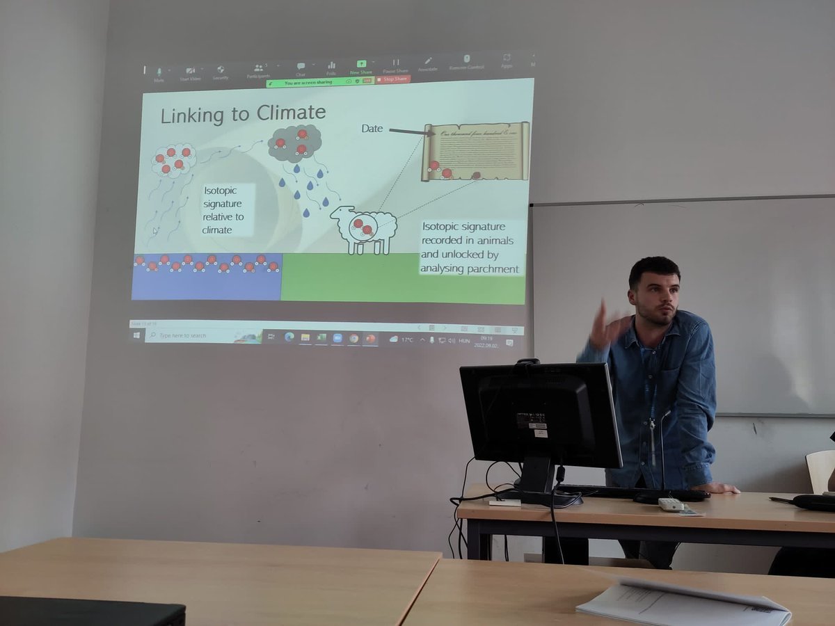 Sam Johns of #ERC <a href="/ercb2c/">ercb2c</a> and <a href="/ogu_bristol/">OGU Bristol</a>  at #EAA2022 discusses  a new way to get data on dates and damp seasons from parchment. All you need is a little elbow grease (do you mean skin grease? ed).