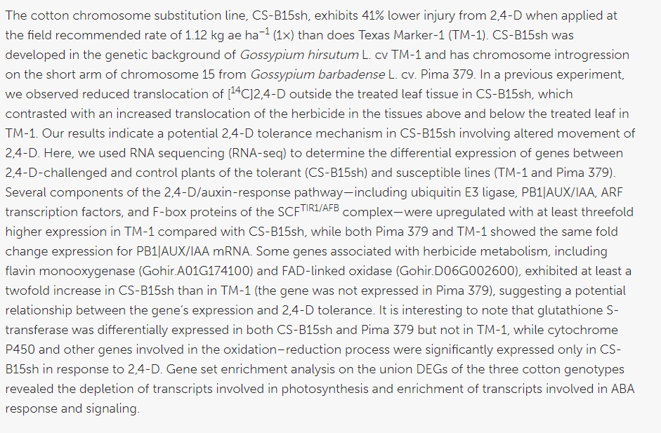 AusCottonSci's tweet photo. Transcriptome analysis of 2,4-D tolerant cotton line CS-B15sh &amp; its susceptible parental lines
https://t.co/m7X1nu4yLx
Response of 2,4-D-tolerant line CS-B15sh showed upregulation of genes involved in the oxidation–reduction process
@msstate @SCUniversity https://t.co/Sczqnx9dCG