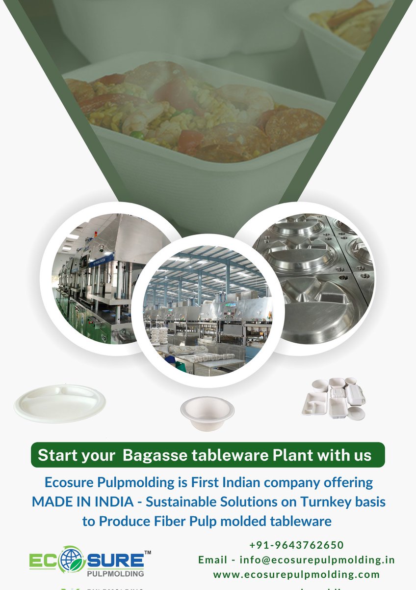 Ecosure11's tweet photo. Ecosure Pulpmolding not only offers (Downstream support) Turnkey Solution but also offer (Upstream Support) target product market information for customers' sales.

#tableware  #compostable #makeinindia  #pulpmolding #EcosurePulpmolding #turnkeyprojects  #bagassetableware https://t.co/1VMm2yaA0C