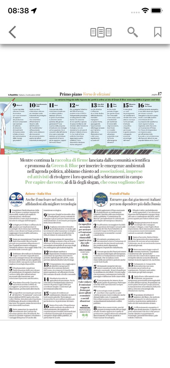 Le domande degli ambientalisti e le risposte dei leader politici 

#Calenda e #FratellidiItalia vogliono tanto #gas e non gradiscono ricette europee. Carletto anche il #nucleare 
<a href="/Kyoto_Club/">Kyoto Club</a> <a href="/Greenpeace_ITA/">Greenpeace Italia</a> <a href="/Legambiente/">Legambiente</a> <a href="/E_Futura/">Elettricità Futura</a> <a href="/SymbolaFondazio/">Fondazione Symbola</a> <a href="/motus_e/">Motus-E</a> <a href="/WWFitalia/">wwfitalia</a> <a href="/fffitalia/">Fridays For Future Italia</a>