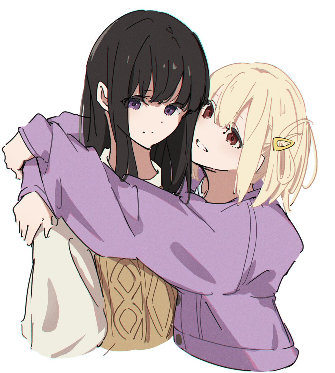 inoue takina ,nishikigi chisato multiple girls 2girls blonde hair black hair yuri purple eyes long hair  illustration images