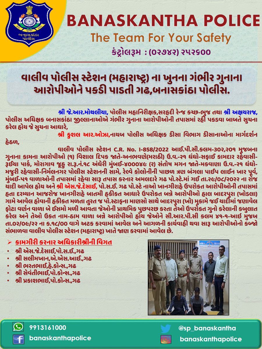 SP_Banaskantha's tweet photo. વાલીવ પોલીસ સ્ટેશન (મહારાષ્ટ્ર) ના ખુનના ગંભીર ગુનાના આરોપીઓને પકડી પાડતી ગઢ, બનાસકાંઠા પોલીસ. #murderdetection #crime #banaskanthapolice @GujaratPolice @dgpgujarat @sanghaviharsh @Bhupendrapbjp https://t.co/U55csDYd4E