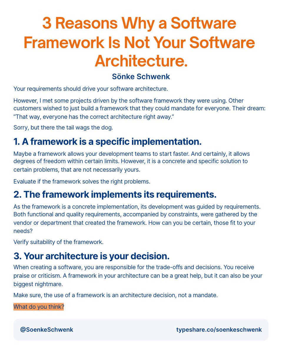SoenkeSchwenk's tweet photo. 3 Reasons Why a Software Framework Is Not Your Software Architecture.
#softwarearchitecture #softwaredevelopment #softwareframeworks https://t.co/q9jOcz6tsW