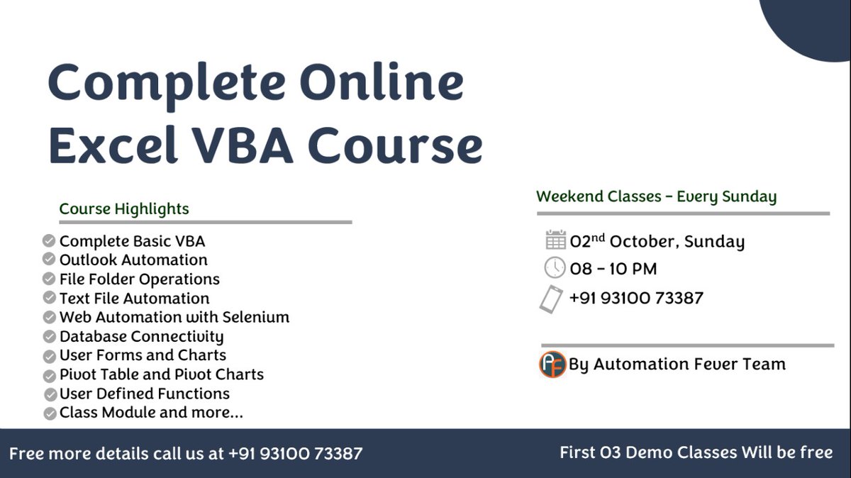 AutomationFever's tweet image. Hi Guys, We are going to begin online VBA training. Whose first three demo classes we will keep free.
Even if you do not wish to participate in the classes, please take the time to attend our first three classes. I am confident that you will learn a lot from these sessions.