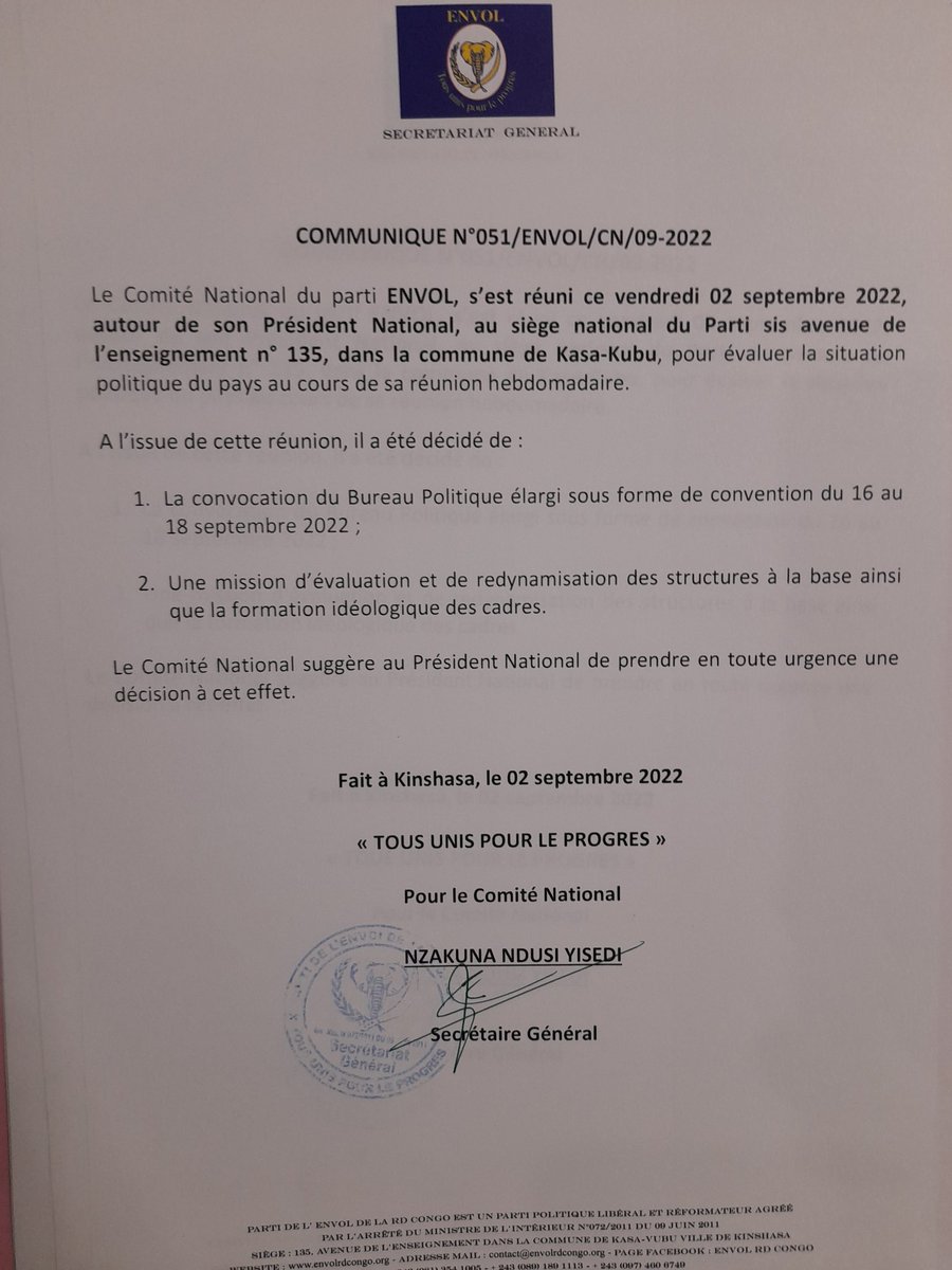 Envol_Rd_Congo's tweet photo. Pour évaluer la situation politique du pays, le Comité National du parti @Envol_Rd_Congo suggère au Président National @DSESANGA de convoquer le Bureau Politique élargi sous forme de convention du 16 au 18 septembre 2022.@Omelonga_lens1 @TopCongo @StanysBujakera @FrancisBofatsi https://t.co/AUcFKvWmqc