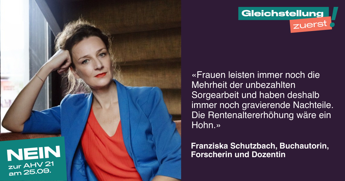 Gleichstellung zuerst! Bevor eine Rentenaltererhöhung in Frage kommt, braucht es die tatsächliche Gleichstellung in der Arbeitswelt.

👉 Sag auch du Nein zu dieser verfrühten und unfairen AHV-Reform und unterstütze uns mit einem Testimonial: ahv-nein.ch 

#AHV21Nein