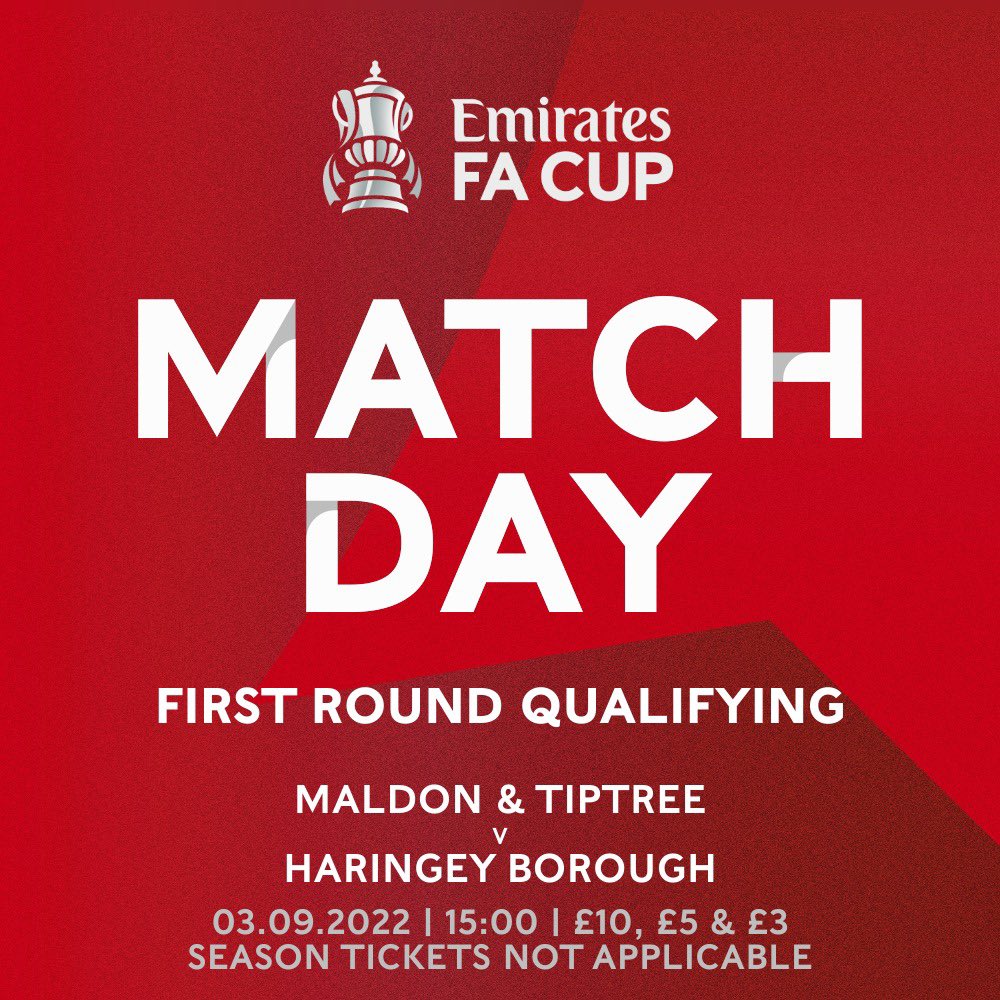 😍 MATCH DAY!

The <a href="/EmiratesFACup/">Emirates FA Cup</a> is back once again, returning to Park Drive this afternoon along with today’s opponents, <a href="/HaringeyBoroFC/">Haringey Borough</a>.

⏰ | 15:00 - turnstiles from 13:30 
🎟 | £10, £5 &amp; £3
📚 | £2
🚨 | Season tickets not applicable.
#️⃣ | #MALHAR 

#Jammers 🍓