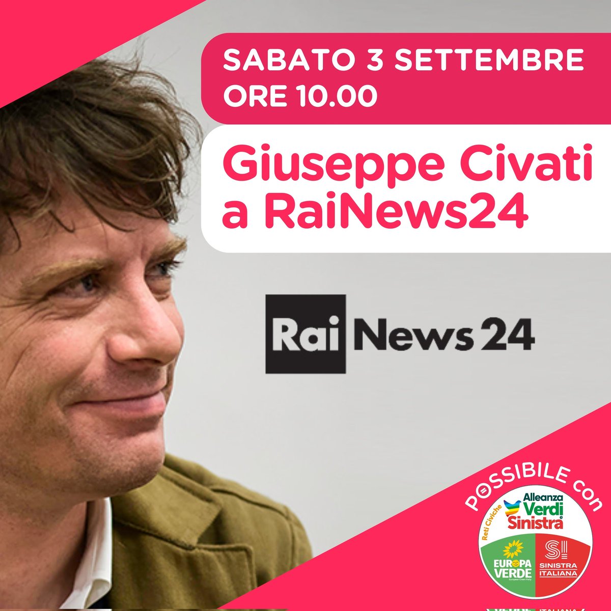 PossibileIt's tweet photo. Appuntamento con @civati oggi #3settembre alle 10.00 a #RaiNews24! 

#AlleanzaVerdiSinistra: il 25 settembre diamoci una possibilità! https://t.co/tZ9mTmMbze