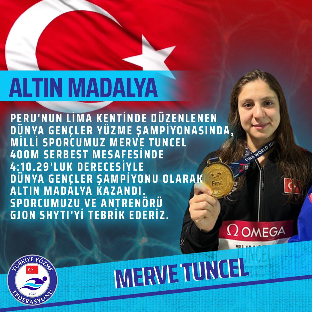 TYFgovtr's tweet photo. Peru'nun Lima kentinde düzenlenen Dünya Gençler Yüzme Şampiyonasında, Milli Sporcumuz Merve Tuncel 400M Serbest mesafesinde 4:10.29'luk derecesiyle Dünya Gençler Şampiyonu olarak Altın Madalya kazandı. 
Sporcumuzu ve antrenörü Gjon Shyti'yi tebrik ederiz. https://t.co/FKjqyoTPtA