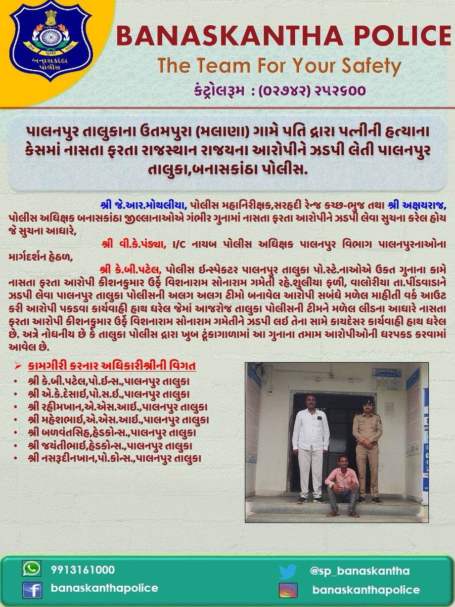 SP_Banaskantha's tweet photo. પાલનપુર તાલુકાના ઉતમપુરા (મલાણા) ગામે પતિ દ્રારા પત્નીની હત્યાના કેસમાં નાસતા ફરતા રાજસ્થાન રાજયના આરોપીને ઝડપી લેતી પાલનપુર તાલુકા,બનાસકાંઠા પોલીસ.#absconder #murderdetection #banaskanthapolice @GujaratPolice @dgpgujarat @sanghaviharsh @Bhupendrapbjp https://t.co/GAK18kkgKo