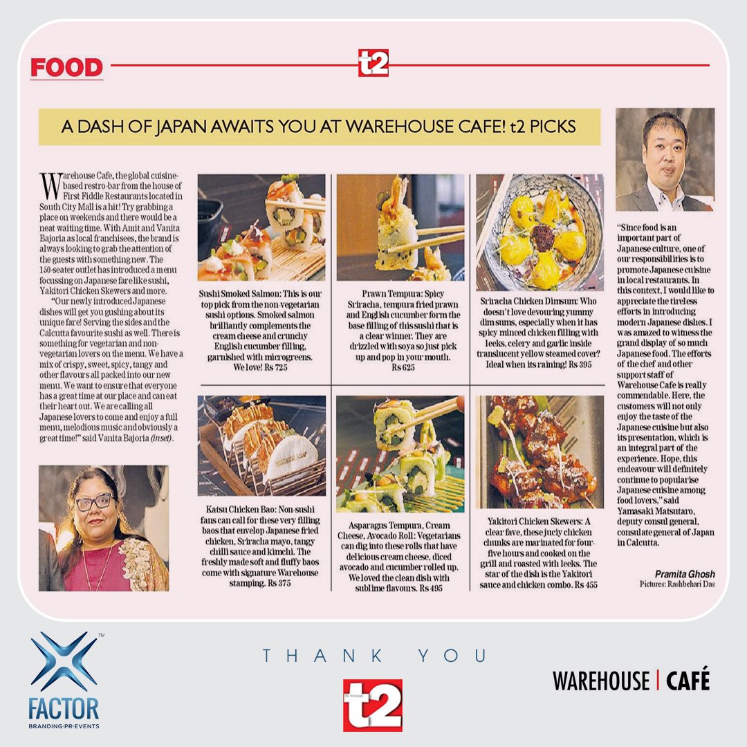 xfactor_events's tweet photo. It was a pleasure to host the Deputy Consul General of Japan in Kolkata at @warehousecafekolkata which recently introduced an array of Japanese Dishes to its menu,like sushi,skewers and more, gets featured in @t2telegraph Thank you @smita_rcee and @pramita.t2 for this lovely read https://t.co/cpfQqCP6aJ