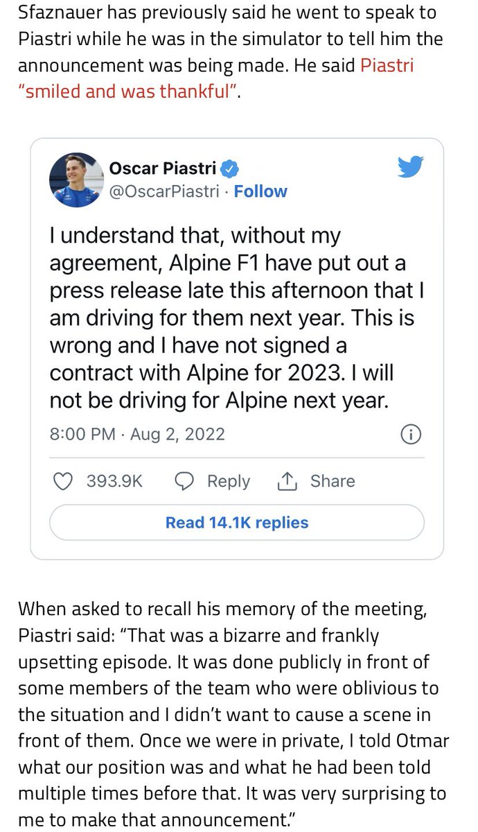 Vetteleclerc's tweet photo. So Otmar told Oscar that he would drive for Alpine infront of some team members (despite the knowledge that he doesn’t want to continue with Alpine), team members who were oblivious on the situation (!), so Oscar didn‘t want to cause a scene and sort of pretended to be "happy". https://t.co/03eB9Ef7Qg