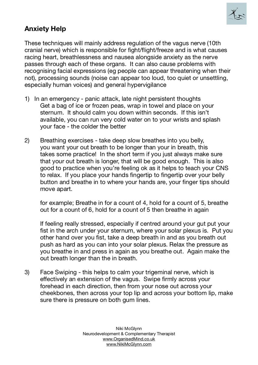 nikimcglynn's tweet image. I’ve put up my anxiety help sheet as a reply but I think I’ll do it as a separate tweet. I use it for my neurodevelopment/trauma clients at @OrganisedMind Practice first to find what works for you because when you’re anxious your brain shuts down and you won’t remember