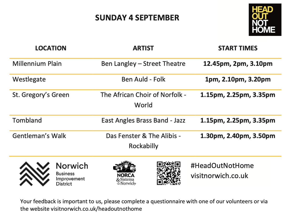 NorwichBIDUK's tweet photo. Join us tomorrow (4th September) for our last weekend of free live music and entertainment from local artists and performers! ✨#HeadOutNotHome https://t.co/CjTMFudWAU https://t.co/wVfcAHZWx6