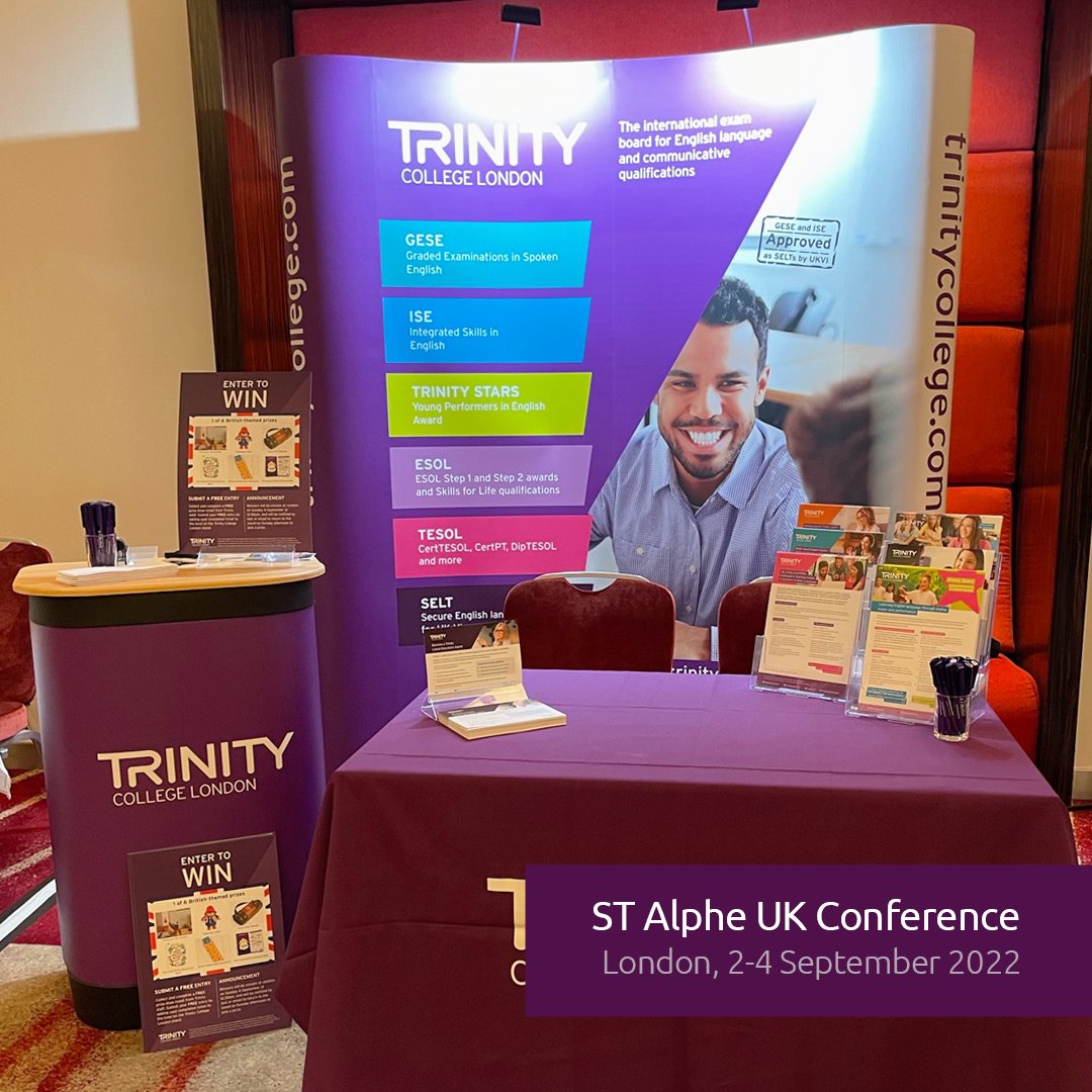 TrinityC_L's tweet photo. We're all set! Our team are looking forward to meeting our international colleagues to discuss Trinity's English language and teaching English qualifications at #STAlphe by @StudyTravelLtd in London this weekend. Learn more: https://t.co/KI6V5GgKK5
#AlpheUK #StudyTravel #TESOL https://t.co/1dpOHbyhW7