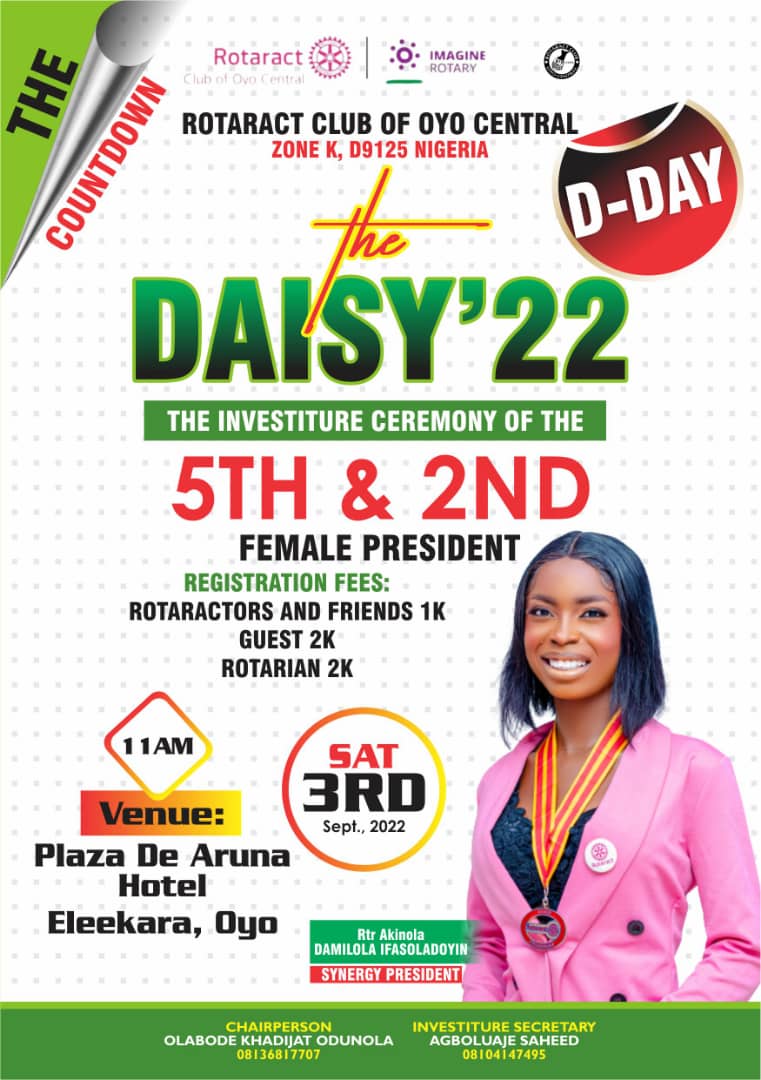 Rac_Oyocentral's tweet photo. Seeing your pretty faces today @ the Investiture Ceremony of the 5th President of Rotaract Club of Oyo Central, will surely make our day 😊

Venue : Plaza De' Aruna Hotel, Eleekara, Oyo
Time: 11:00am 

Admittance: #1,000 for Rotaractors and friends
#2,000 for Rotarian and Guests https://t.co/WsVN6V4nhT