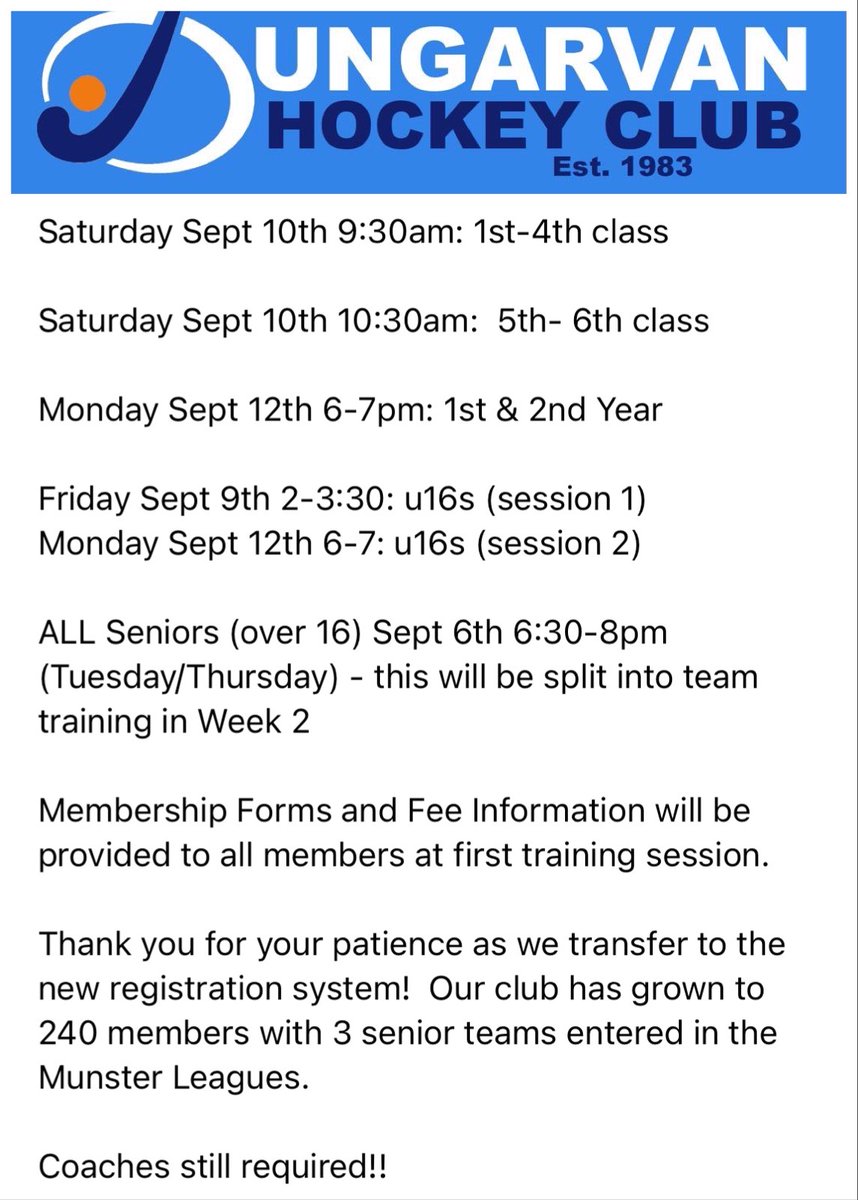 DungarvanH's tweet photo. Training start back times and dates 🏑 https://t.co/6vdkLSzKye