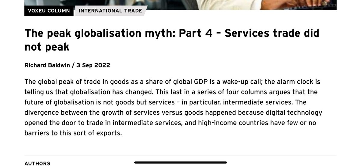 BaldwinRE's tweet photo. Pls see 4th (last) @voxeu col in "deconstructing deglobalization" series
Spoiler: Service trade didn't peak
🔗in🧵👇
|
&amp; lots of 📊s
@petercoy @TradeEconomista @SimonEvenett @snlester @alanbeattie @bbaschuk @SoumayaKeynes @ChadBown @AdamPosen @jzettelmeyer @BJavorcik @abbernard https://t.co/eaQwJ3ttdc