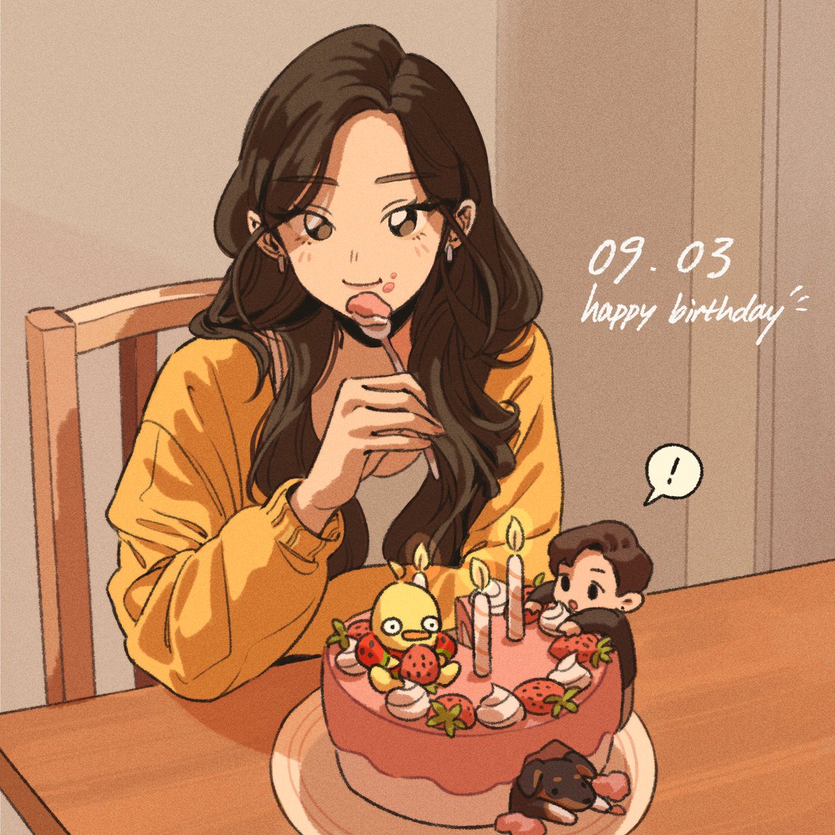 1girl food happy birthday cake long hair 1boy candle  illustration images