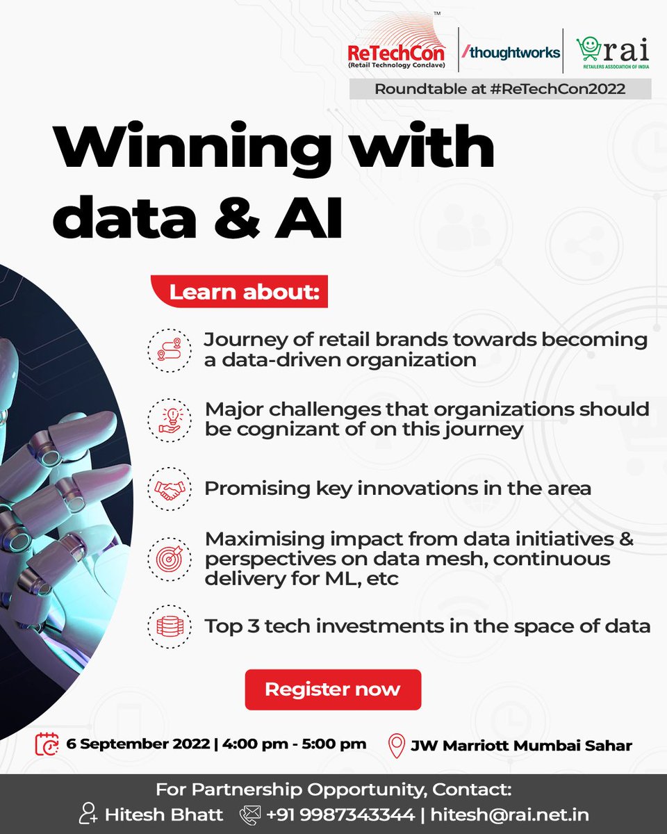 rai_india's tweet photo. 1/2 Data-driven organisations are the future of the industry. Effectively using data &amp; AI is the eye to furthering the bottom line today.

Learn about the intricacies of winning with data &amp; AI in an exclusive roundtable discussion powered by Thoughtworks at #ReTechCon2022. https://t.co/OJ1EZUw0wt