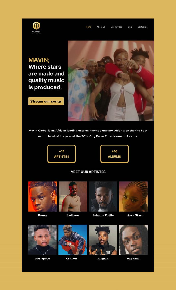 _pelumi12's tweet image. I designed a landing page for a popular music record label @MavinsRecord✨. This was the task for day 14 of #I4GDesignChallenge 
@IMTConf @DONJAZZY @Ingressive4Good