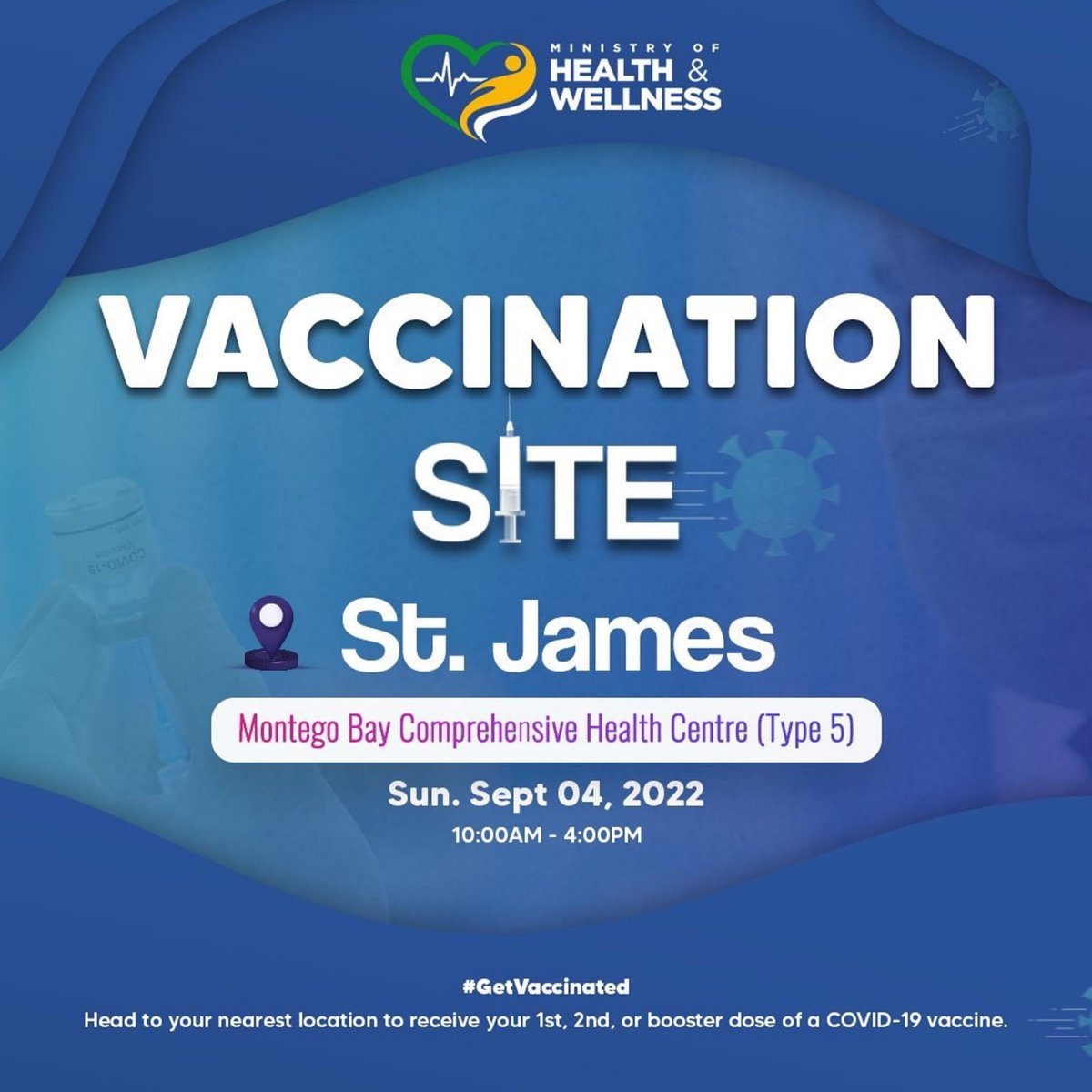 wrhagovjm's tweet photo. Weekend Vaccination Site:
π Montego Bay Comprehensive Health Centre
*Please load for 4K Image*
#GetVaccinatedToday. #VaccinateJa #GetVaccinated #GetBacktoLife https://t.co/2JP5HsAFBR