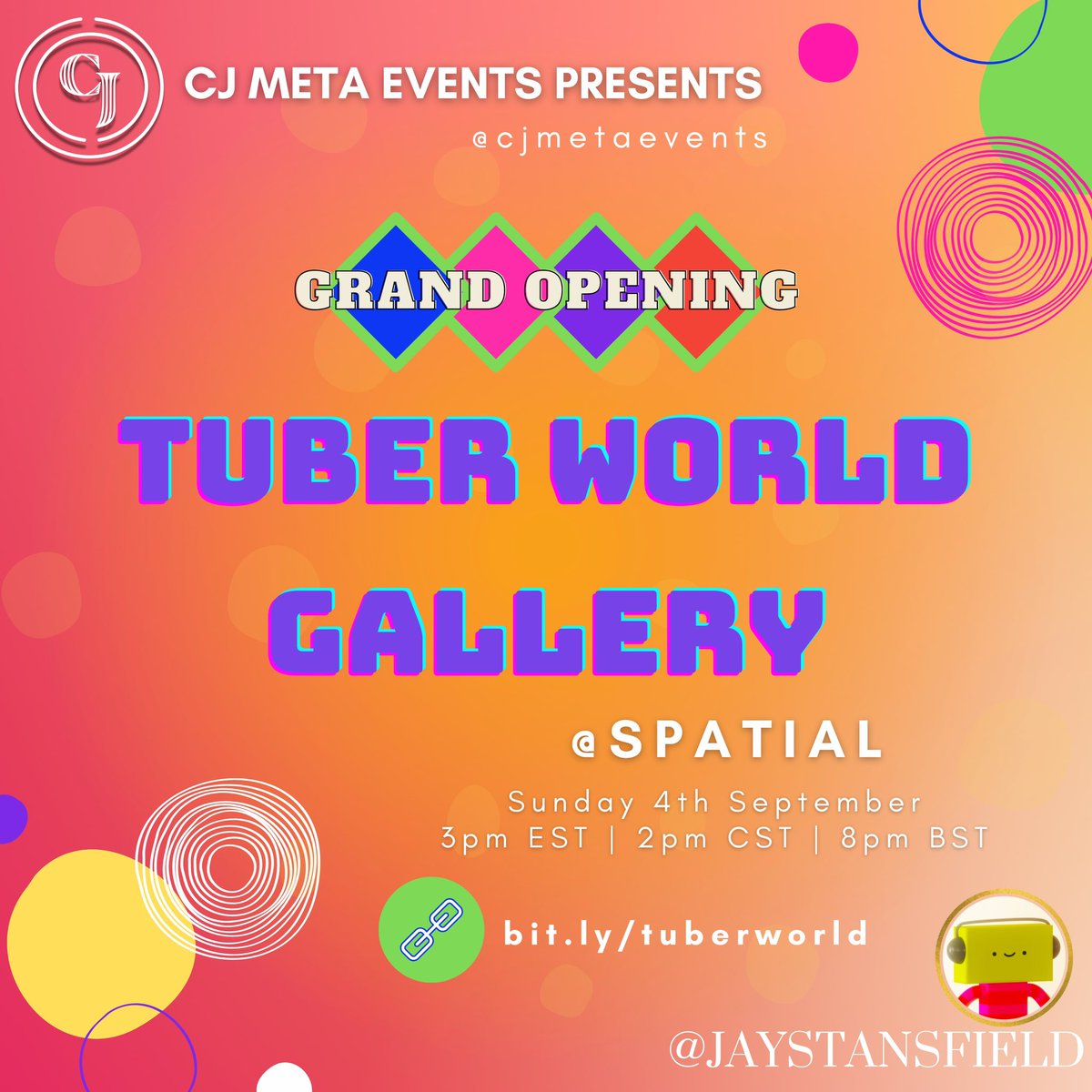 hombreave17's tweet photo. Claim your FREE NFT token until 1pm CST |2pm EST | 7pm BST for the Tuber World Gallery opening for this token gated event โจ Showcasing young artists worldwide in @spatialxr Sunday 4th September โฌ๏ธ https://t.co/NZies2B4A3 #metaverse #nftkids #meteverseplanner #nftkidsart https://t.co/UWf0c54o3x